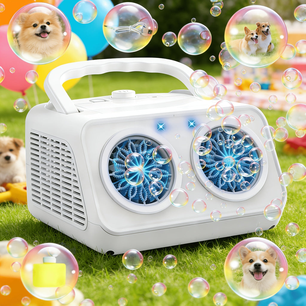 Upgraded Automatic Bubble Machine, Thickened 2-Fan Design, 20,000+ Bubbles Per Minute, Plug-in or Battery-Powered Portable Bubble Blower for Indoor/Outdoor Birthday Parties, Weddings, and Kids (White/Black)