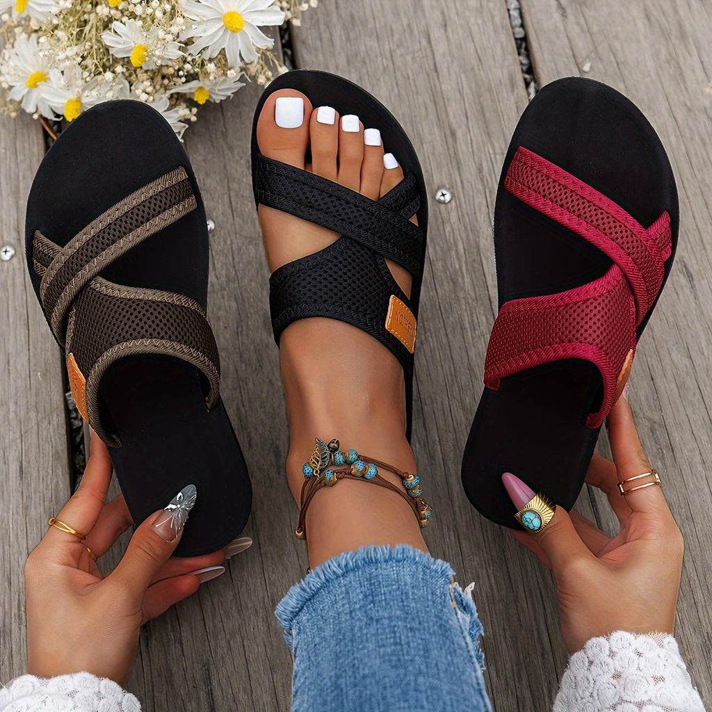 Women's Sport-Style Sandals - Breathable Mesh Fabric, Flat Sole - Indoor & Outdoor Wear - US 5.5–11.5 - Coffee, Burgundy, Black, Bright Red & Nude Pink