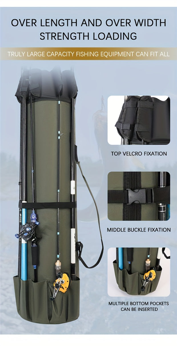 Large Capacity Folding Durable Fishing Rod Bag, Multifunctional Gear Carrier Case with Two Lead Weights, Fits Multiple Rods, Tackle Organizer for Freshwater and Saltwater Fishing