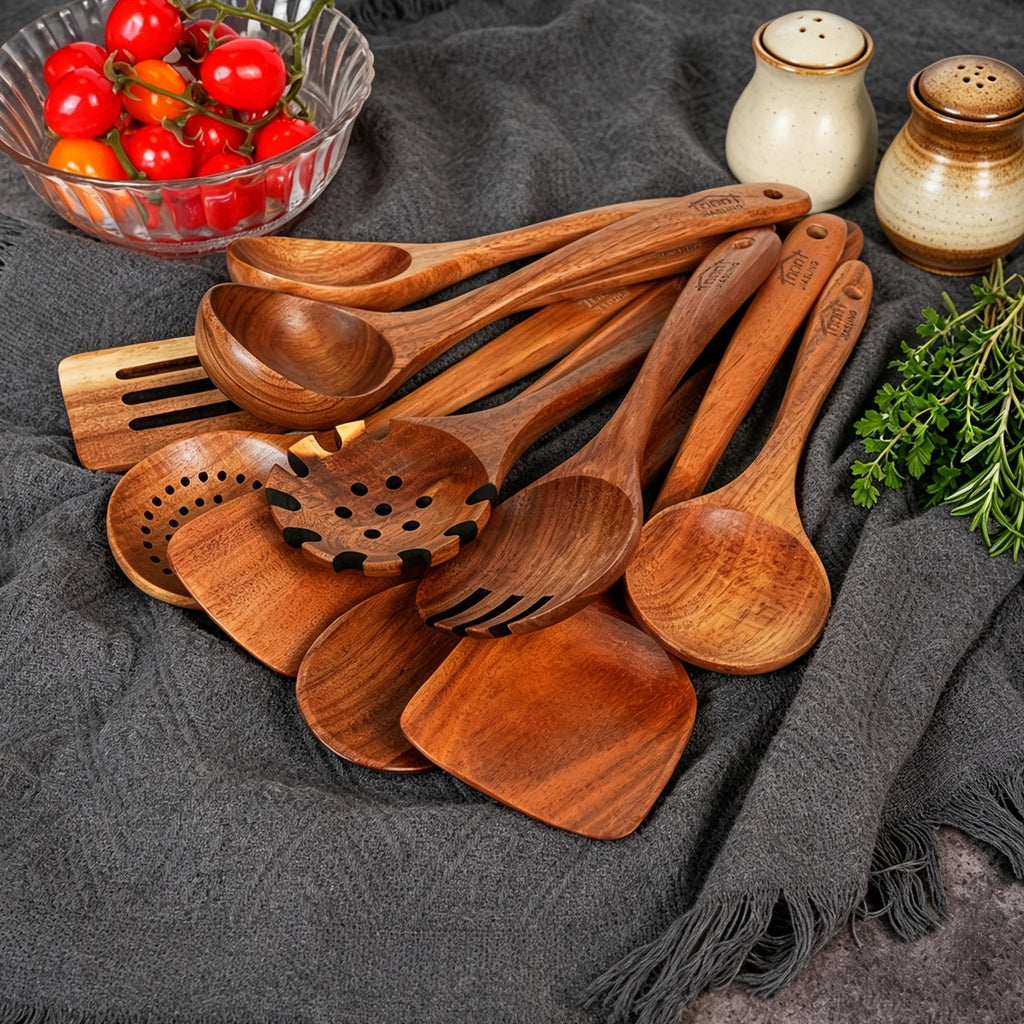 10-Piece Natural Teak Wooden Kitchen Utensils Set - Cooking Spoons, Spatulas & Turner, Non-Stick Safe, Heat Resistant, Eco-Friendly Wood Cookware Tools for Home Kitchen