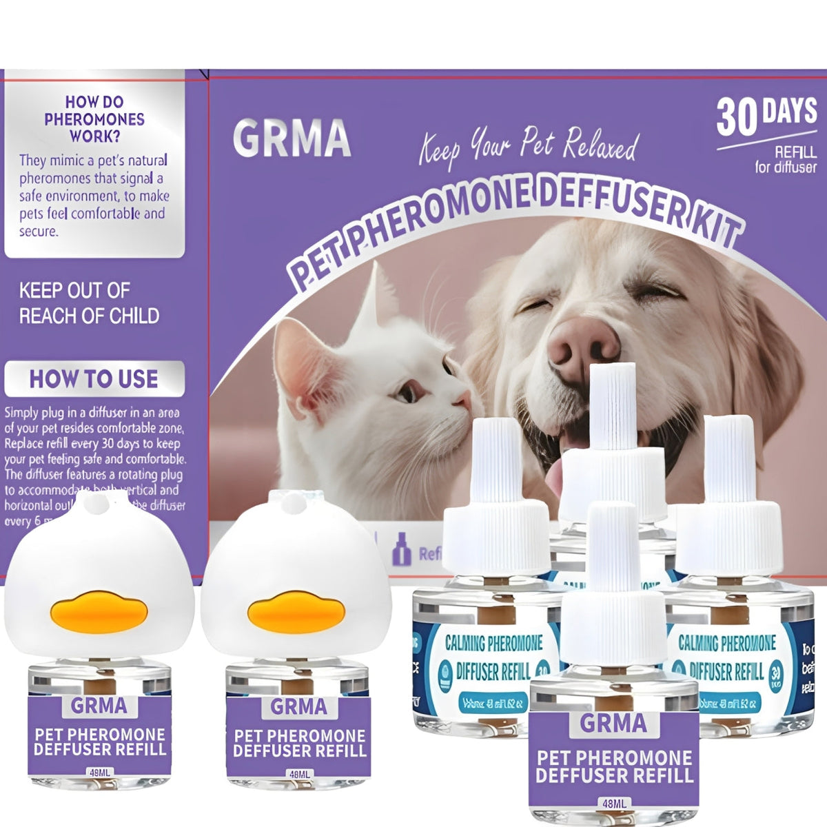 Pheromone Calming Diffuser for Cats & Dogs 3-in-1 – Reduces Anxiety, Spraying, Urination, Fighting & Territory Marking, Includes 1 Diffuser + 2 Refills