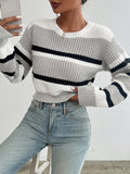 Striped Color Block Drop Shoulder Cropped Sweater Women's Fall Winter Loose Fit Knit Pullover Round Neck Long Sleeve Top S-XL