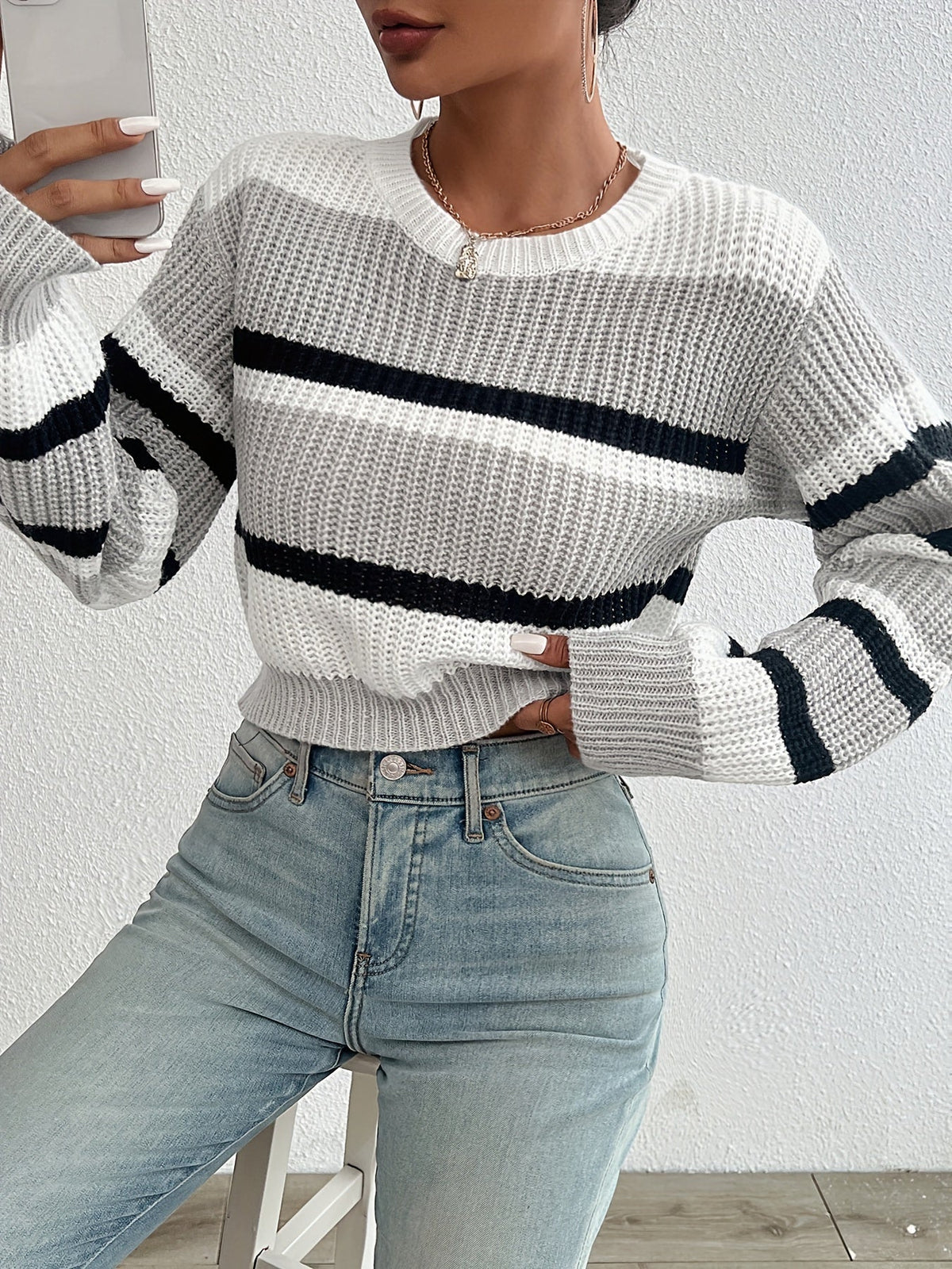Striped Color Block Drop Shoulder Cropped Sweater Women's Fall Winter Loose Fit Knit Pullover Round Neck Long Sleeve Top S-XL