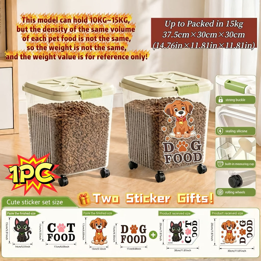 Pet Food Storage Container with Locking Lid & Scoop – Moisture-Proof Airtight Bin 6-55 lbs, Optional Wheels & Cute Sticker, Large Capacity for Cat & Dog Food, Grains, and Flour