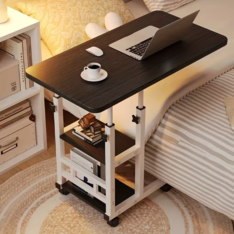 Height Adjustable Rolling Laptop Table with 4 Wheels & Dual Shelves – Mobile Workstation Desk for Bedside, Dorm, Office, and Living Room, Sturdy Steel Frame, Space-Saving Design