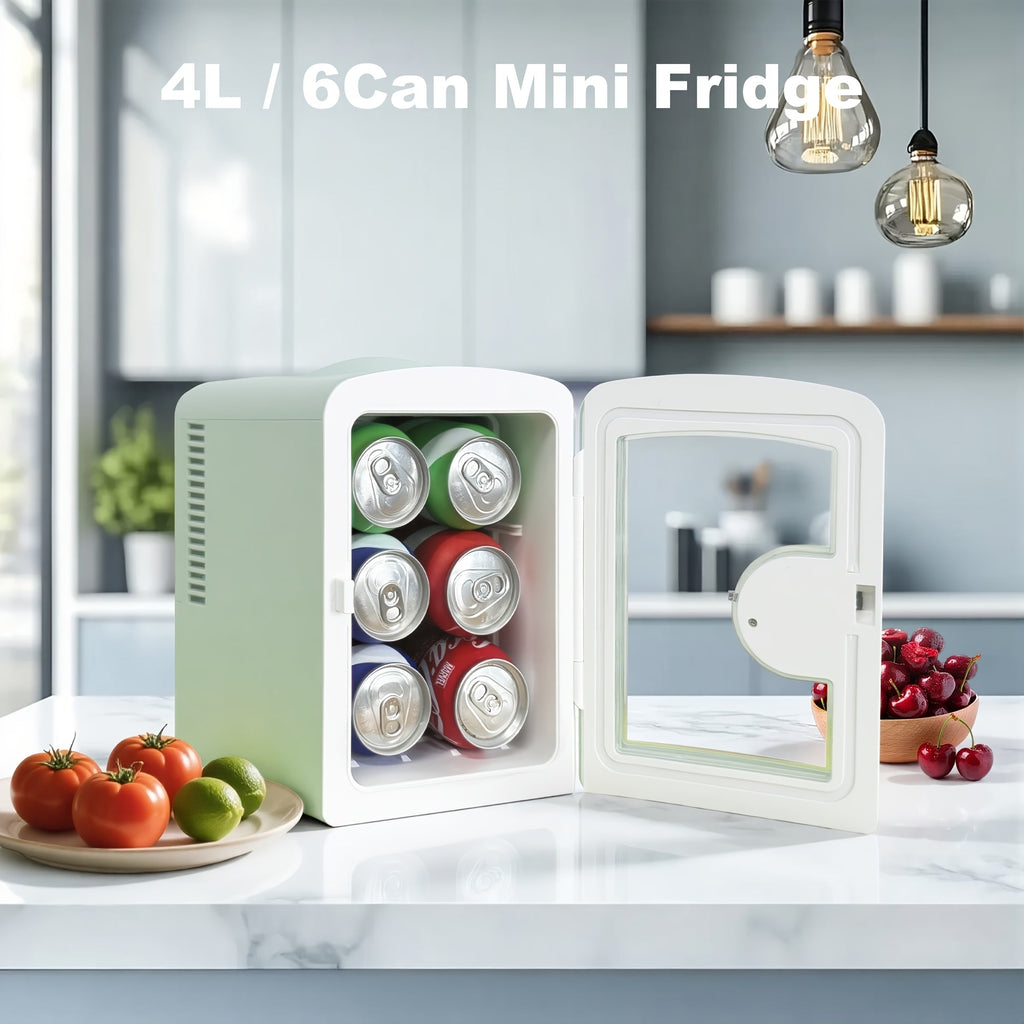 Portable Mini Fridge with Mirror & Light – 1.06 Gal, Dual Heating & Cooling, Holds 6 Cans, Compact Bedroom Vanity Refrigerator for Skincare, Drinks & Snacks, Pink / Green / White – Nova Mart