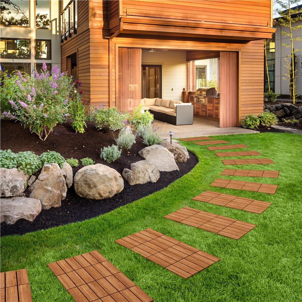 Acacia Wood Interlocking Deck Tiles, Slat Design, Water-Resistant & Non-Slip – Easy Snap DIY Flooring for Patio, Deck, Garden, Balcony & Poolside, 10 or 27 Pack, Natural Wood or Black – Nova Mart