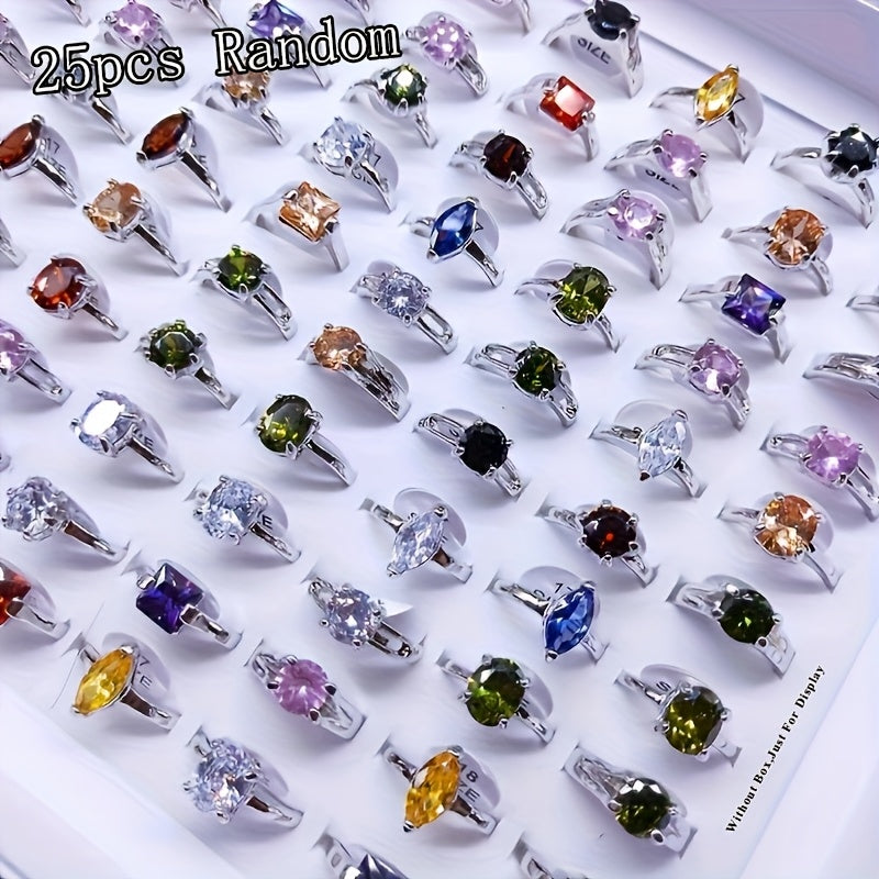 25-Piece Cubic Zirconia Stackable Ring Set – Shimmering Geometric CZ Rings in Silver & Gold, Multi-Color Variety Pack for Women, Jewelry Gift for Engagement, Wedding, Evening Party, and Daily Wear