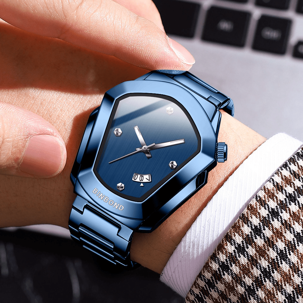 Men's Minimalist Quartz Watch with Irregular Dial & Calendar - Slim Business Wristwatch with Alloy Case and Metal Strap, Ideal for Office, Casual Daily Wear, and Birthday Gifts