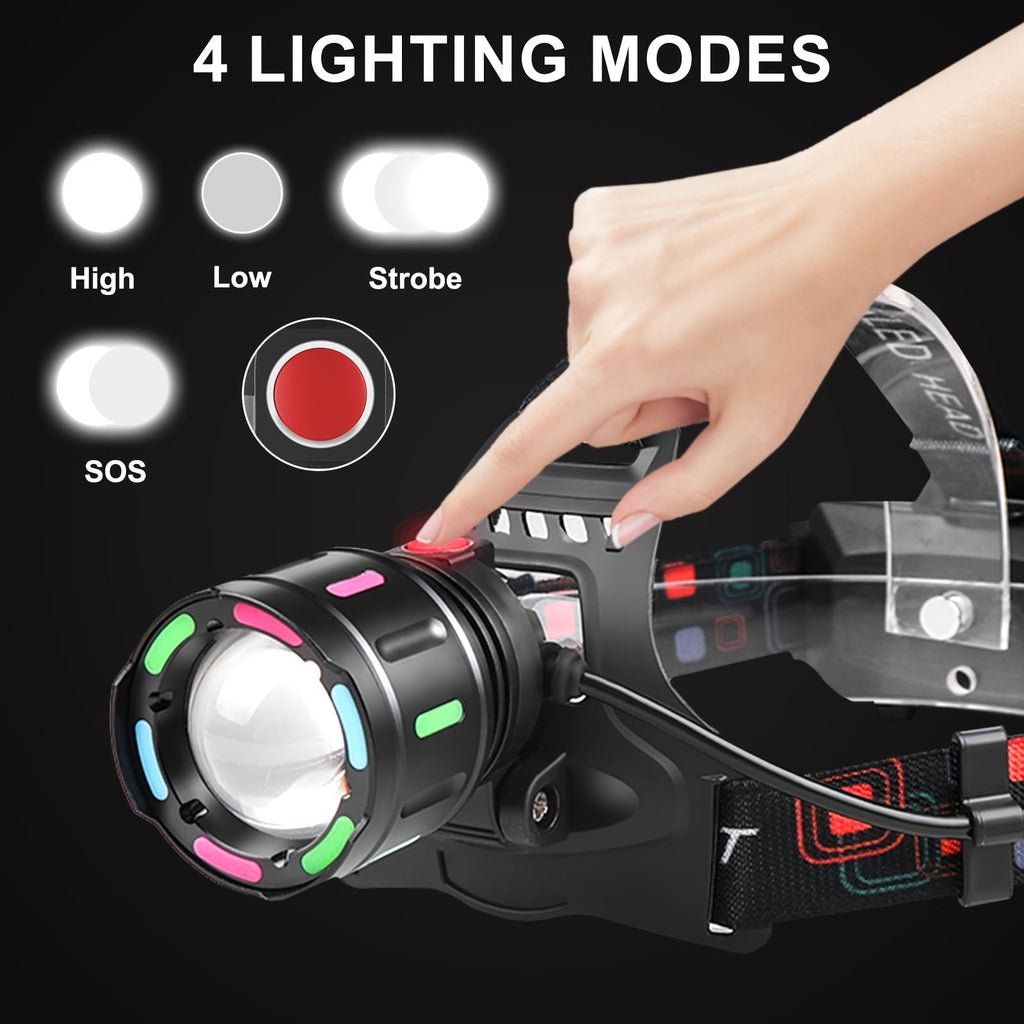 Rechargeable LED Headlamp, 4 Modes, Adjustable Focus, 90° Tilt, Warning Taillight, Durable Headlight for Camping, Hiking, Adventure, Emergency, and Repair Work for Adults
