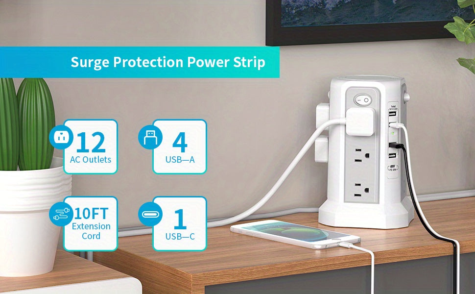 Tower Surge Protector Power Strip, 12 AC Outlets, 5 USB Ports with 18W PD USB-C Fast Charging, 10FT Extension Cord, 1800J Surge Protection, 4 Switches, for Home, Office, Desk, and Dorm Room – Space-Saving Vertical Design
