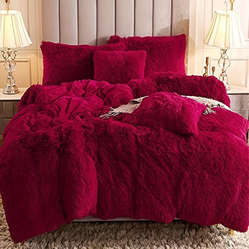 Plush Duvet Cover Set 3 Piece, Long Hair Knitted Polyester, Solid Color Fuzzy Comforter Cover with Zipper Closure, All-Season Soft Cozy Bedding Set for Bedroom, Multiple Colors Available