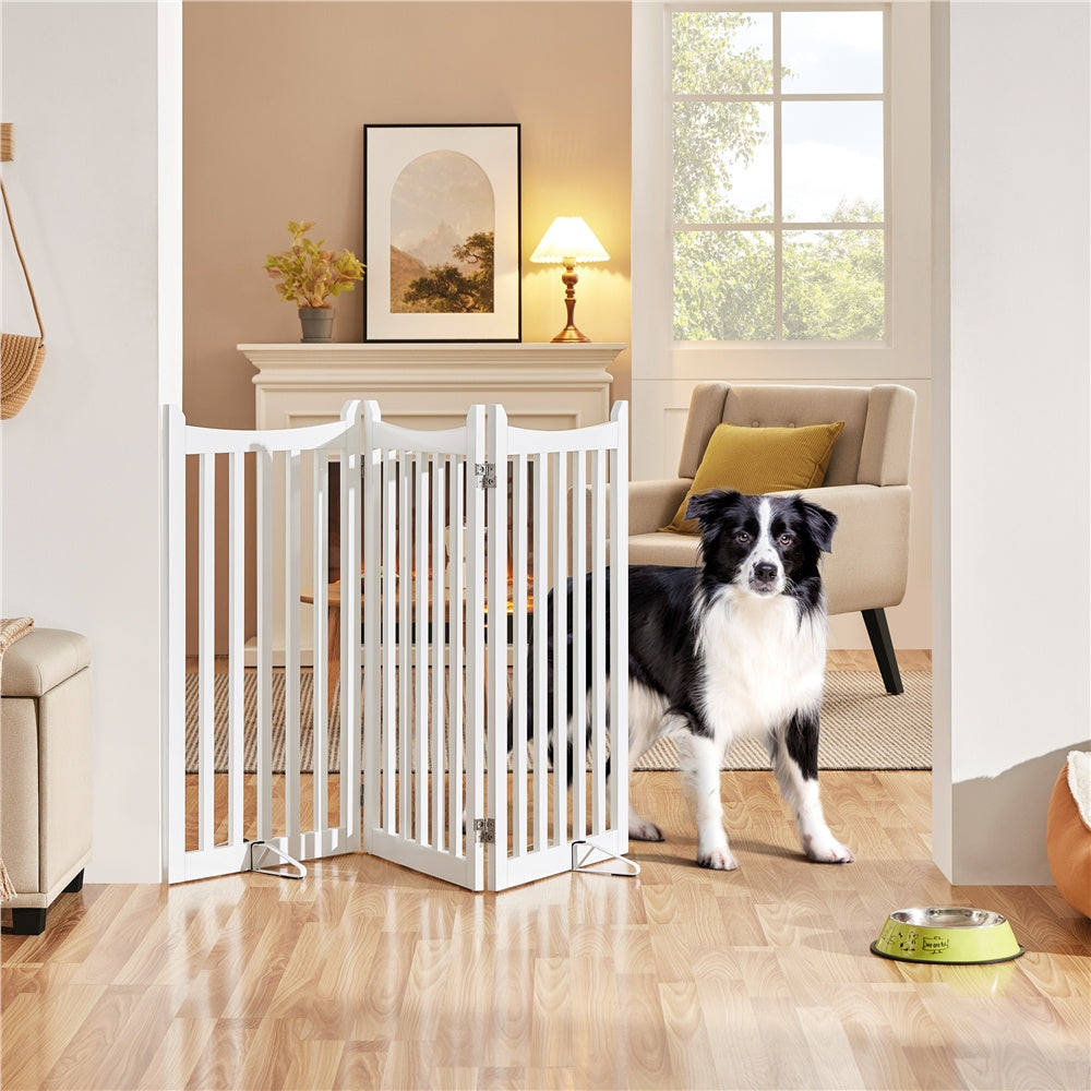 Freestanding Wooden Dog Gate 3-Panel with Door, 24"/36" Height, Anti-Scratch, Two Support Feet, Indoor Pet Barrier for Doorway Stairs Hallway, for Small Dogs & Puppies, White