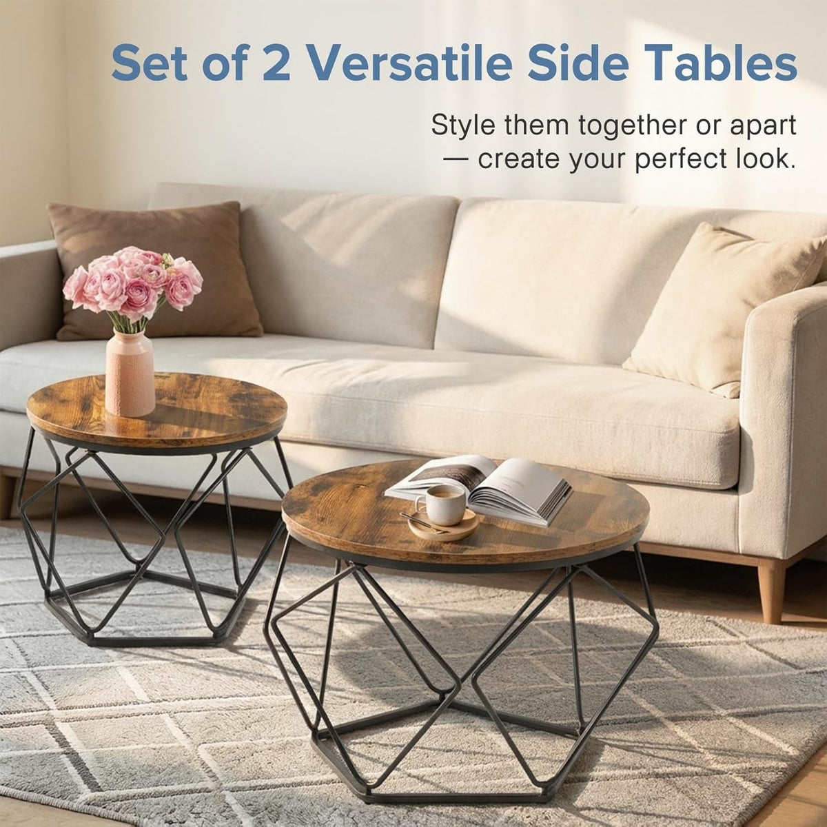 Set of 2 Modern Round Nesting Coffee & Side Tables with Hidden Storage Sturdy Geometric Frame for Bedroom & Living Room