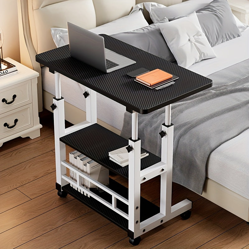 3-Tier Rolling Folding Desk with Wheels, Height-Adjustable and Expandable Desktop, Storage Shelf for Laptop, Study, Home Office, Bedroom, Living Room Computer Table