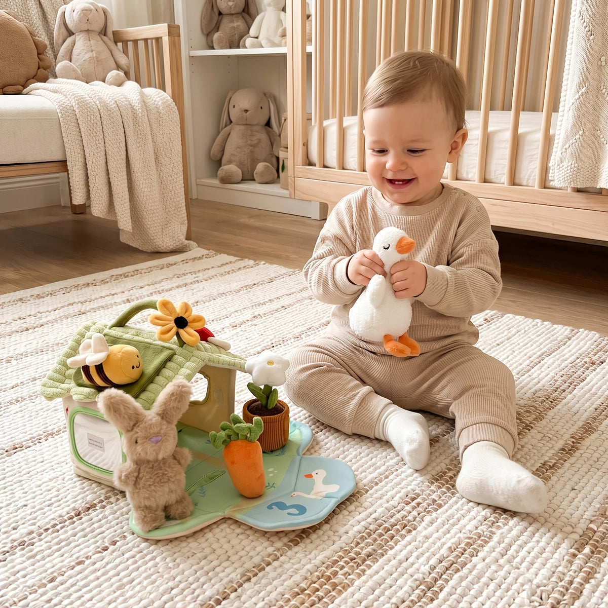 Baby Cartoon Rabbit Carrot Grasping Toy, Infant Hand Movement & Color Cognition Training, Interactive Early Education Starter Toy for Babies & Toddlers