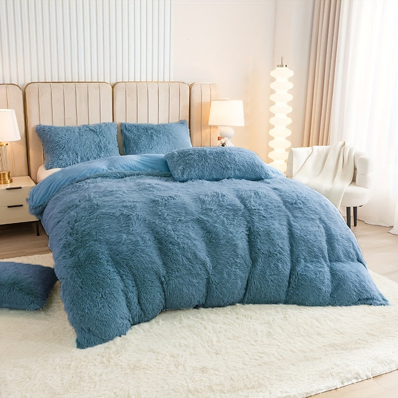 Plush Duvet Cover Set 3 Piece, Long Hair Knitted Polyester, Solid Color Fuzzy Comforter Cover with Zipper Closure, All-Season Soft Cozy Bedding Set for Bedroom, Multiple Colors Available
