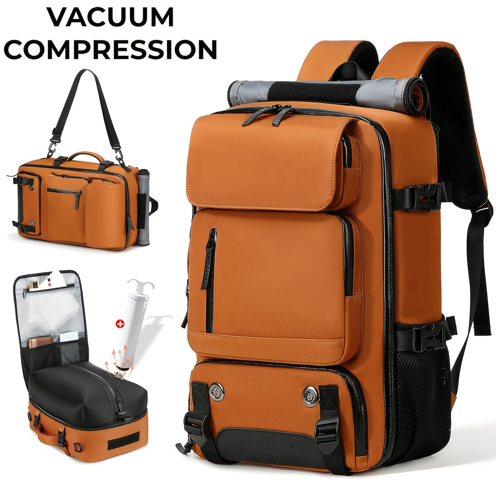 Vacuum Compression Backpack - Multi-Functional Laptop Backpack with Pump, Foldable & Lightweight - Business, Camping, Hiking & Daily Commute - Black, Light Grey & Orange