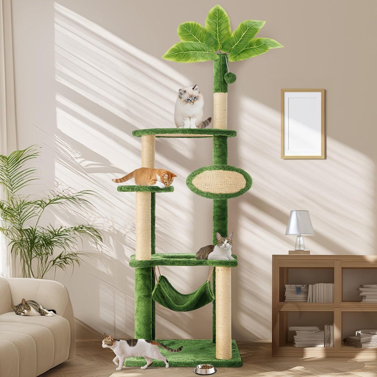 55-Inch Cat Tree for Indoor Cats with Green Leaves – Multi-Level Large Cat Tower with Hammock, Sisal Scratching Posts, Hanging Ball Toy, and Cat Furniture for Living Room or Bedroom