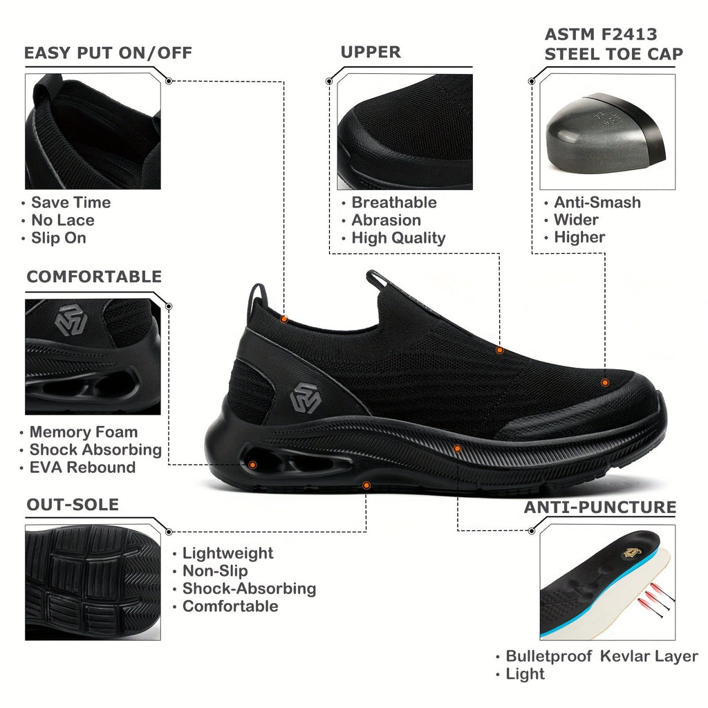 Men's Steel Toe Work Shoes Slip-On Lightweight Safety Sneakers Puncture-Resistant Non-Slip Loafers Black Grey Blue Sizes US 5.5-14
