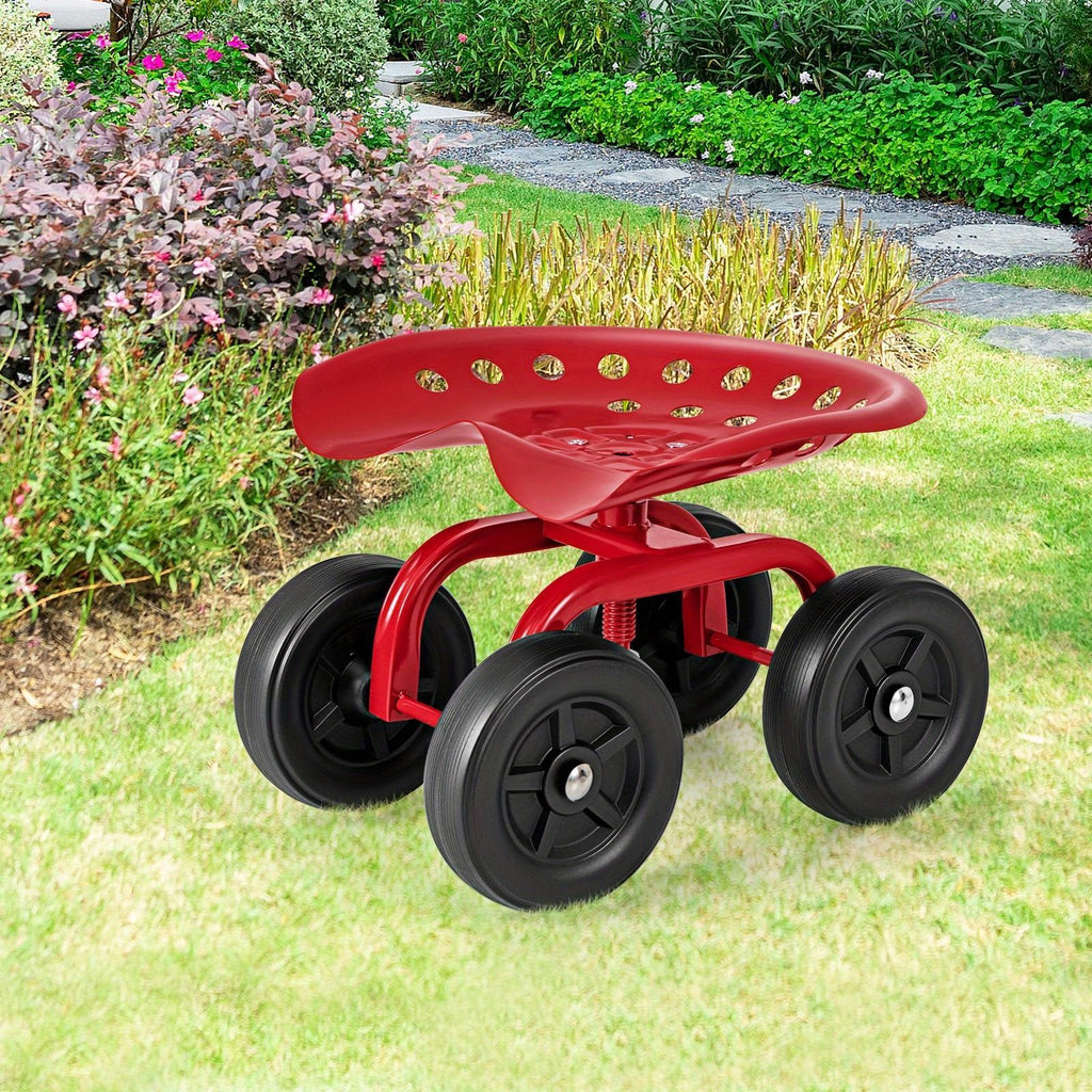 Garden Cart with Seat 330LBS Heavy Duty Rolling Scooter 5 Inch Adjustable Height 360 Swivel Seat 4 Non-Slip Wheels Ergonomic for Lawn Yard Planting Pruning Red Blue Green