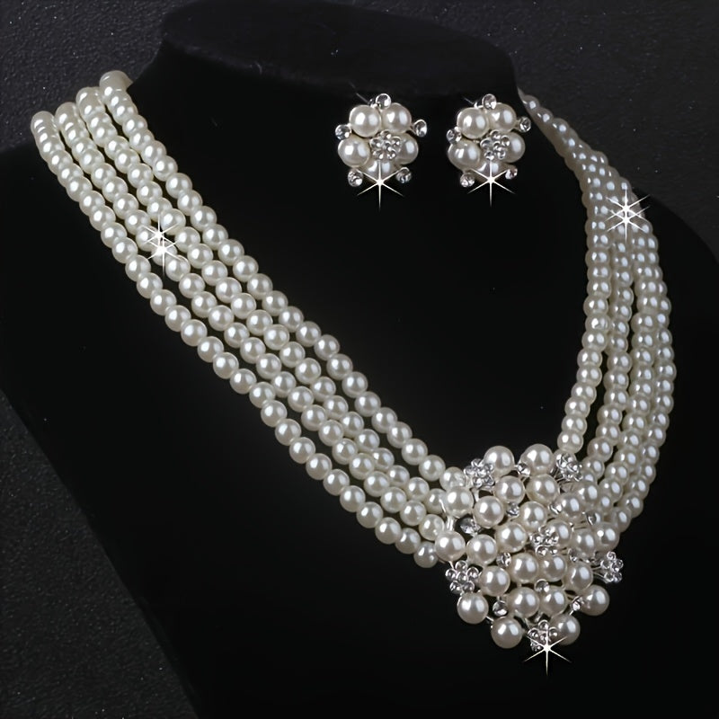 Luxury Bridal Necklace & Earring Set for Women – Silver-Plated Beaded Jewelry Set for Weddings, Evening Parties & Stage Performances, Elegant Dress Accessories