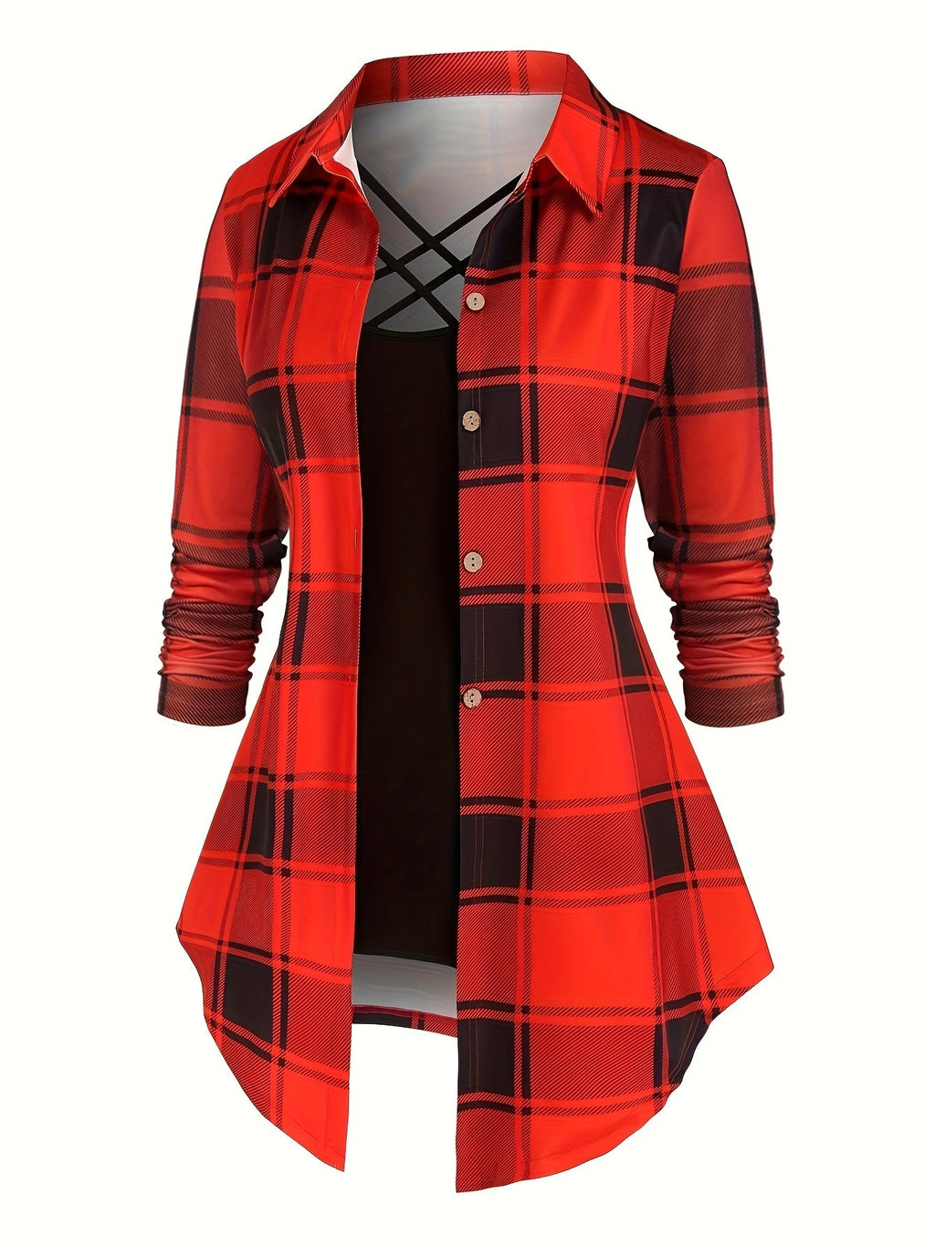 Women's Retro 2-Piece Set - High-Waist Plaid Long Sleeve Blouse & Suspender Skirt | Vintage Button Lapel Collar Fall Spring Fashion Outfit