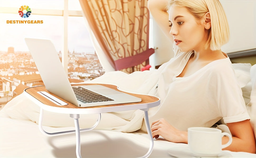 Laptop Desk with USB Port, Storage Drawer & Cup Holder – Walnut Wood Bed Tray Table for Eating, Writing, Sofa, Couch, Adults, and Students