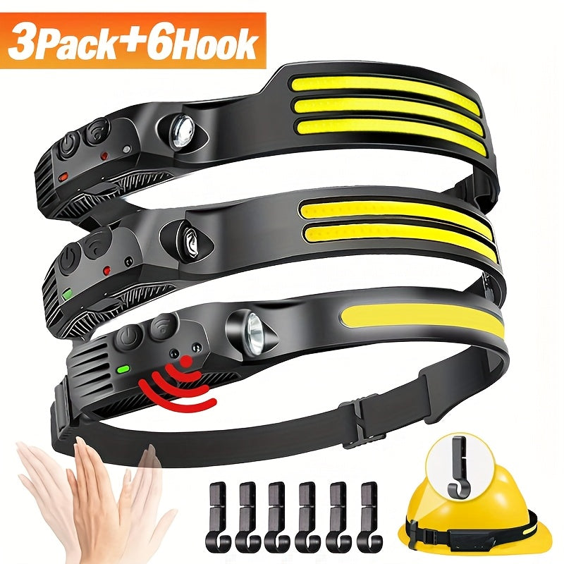 3-Pack Rechargeable 230° Wide Beam COB LED Headlamp with Motion Sensor, 5 Modes, and 6 Hooks – Bright Headband Flashlight for Camping, Hiking, Work, and Hard Hats (Single/Dual/Triple Strip)