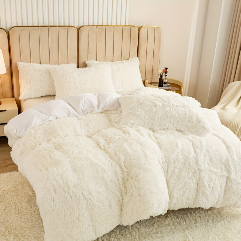Plush Duvet Cover Set 3 Piece, Long Hair Knitted Polyester, Solid Color Fuzzy Comforter Cover with Zipper Closure, All-Season Soft Cozy Bedding Set for Bedroom, Multiple Colors Available