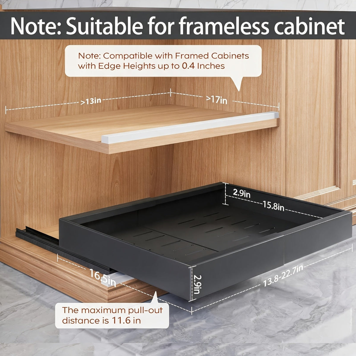 Pull-Out Cabinet Drawers 2-Pack - Heavy-Duty Carbon Steel, No-Drill, Expandable & Adjustable, Sliding Rolling Basket - Kitchen, Under-Sink, Bathroom, Pantry & Laundry Room - Gray, White & Black