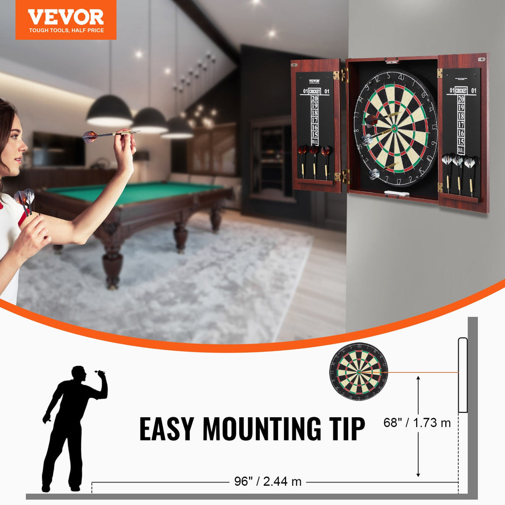 Dartboard Cabinet Set with 18" Self-Healing Sisal Board, 6 Steel Tip Darts, Scoreboard, Retro Woodgrain Cabinet, Staple-Free Bullseye, Complete Accessories Included, for Home Game Room Bar