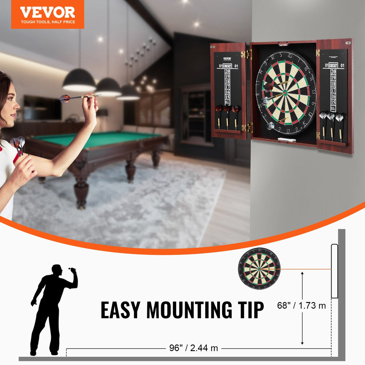 Dartboard Cabinet Set with 18" Self-Healing Sisal Board, 6 Steel Tip Darts, Scoreboard, Retro Woodgrain Cabinet, Staple-Free Bullseye, Complete Accessories Included, for Home Game Room Bar