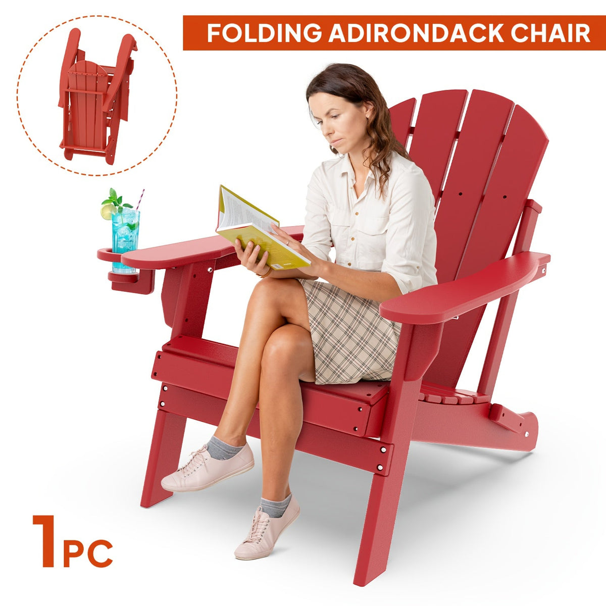 Folding Adirondack Chair with Cup Holder Portable Recliner Stainless Steel Frame Durable Plastic Easy Clean for Patio Poolside Garden Camping Set of 1 2 4 6
