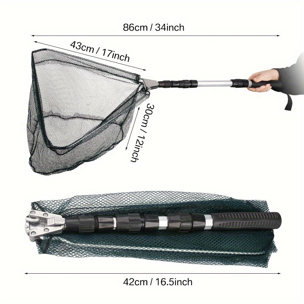 Foldable Fishing Landing Net with Telescoping Aluminum Alloy Pole – 3 Sizes 86CM 110CM 130CM, Collapsible Metal Net for Fish, Crab, Crayfish, and Shrimp, Portable Fishing Gear