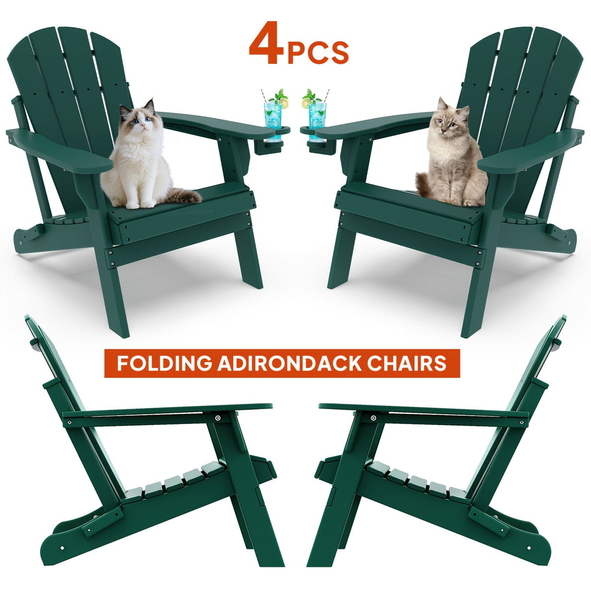 Folding Adirondack Chair with Cup Holder Portable Recliner Stainless Steel Frame Durable Plastic Easy Clean for Patio Poolside Garden Camping Set of 1 2 4 6
