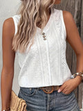 Women's Eyelet Embroidered V-Neck Sleeveless Tank Top with Button Decor, Solid Color - Casual Elegant Camisole for Spring, Summer, Beach, Brunch, Daily Wear, and Layering