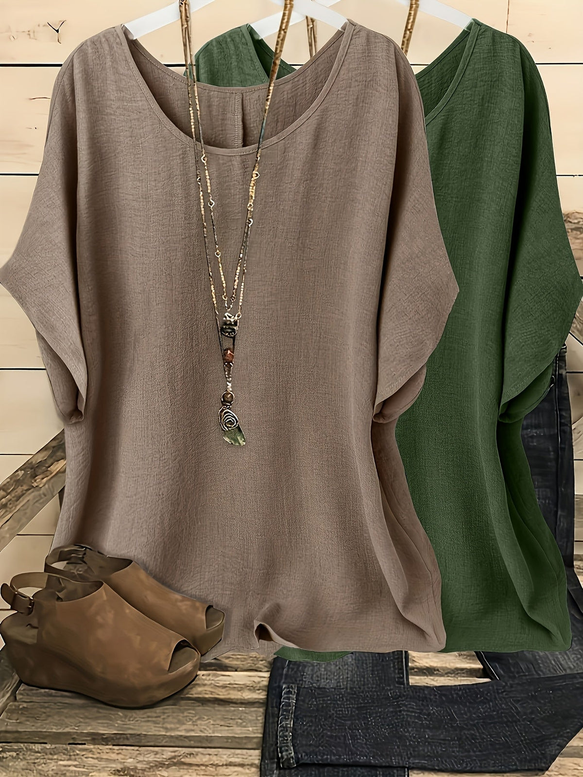 Women's Batwing Sleeve Shirt 2-Piece Set, Casual Vacation Round Neck Solid Color Loose Top, S-XXL, Multiple Colors | US Warehouse Fast Shipping