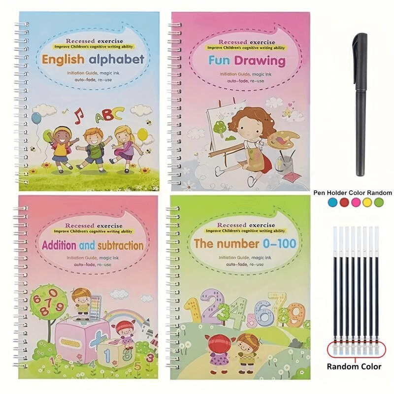 Magic Reusable Calligraphy Handwriting Exercise Books 4-Pack with Pen and 8 Refills, Kids Writing Practice Tracing Books, Reusable Water Writing Set, Christmas Gift for Children