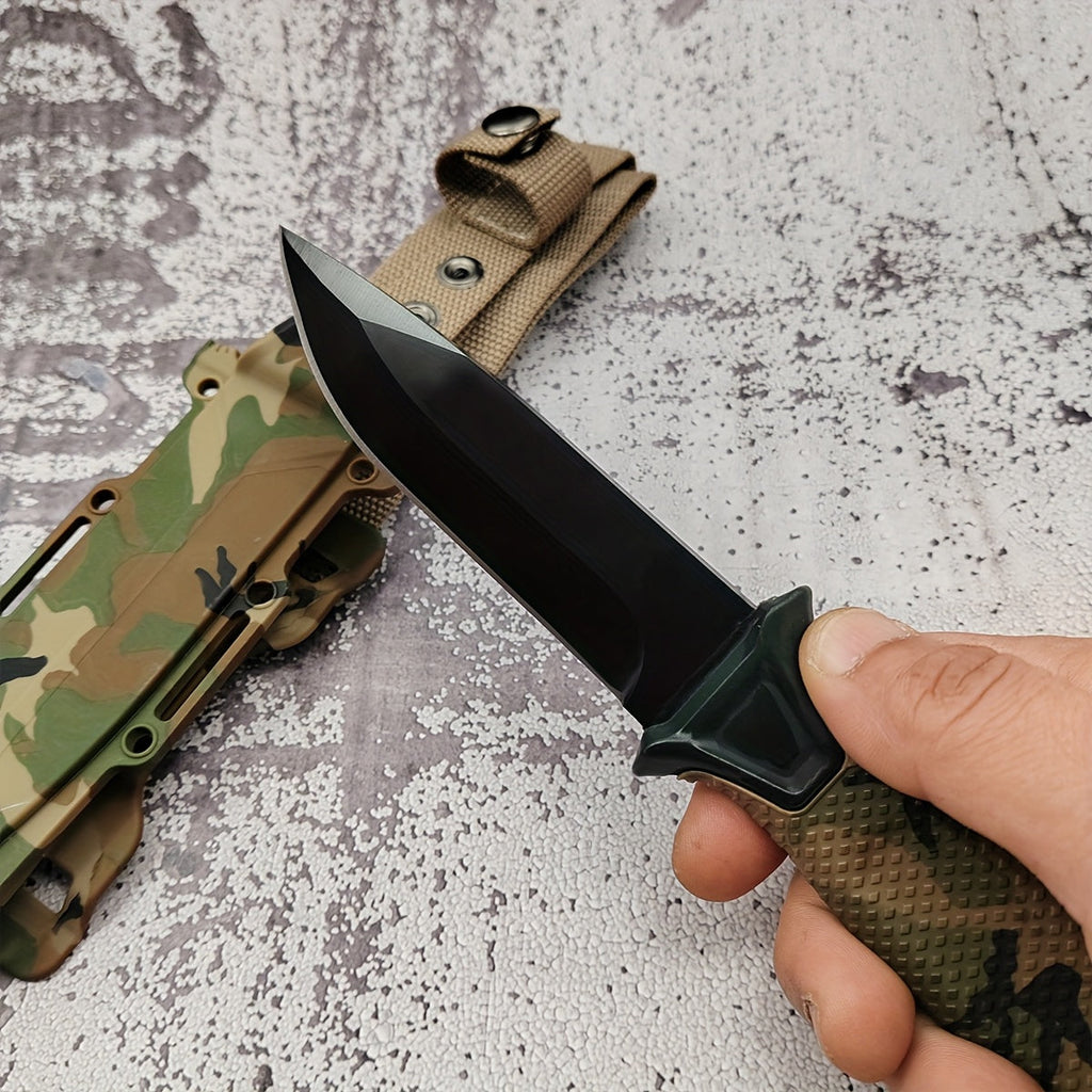 Outdoor Fixed Blade Knife – Stainless Steel Straight Blade, Non-Slip Handle, K-Sheath, EDC Hunting, Fishing, Camping, Survival Knife, Camouflage, Multi-Purpose Field Tool for Men