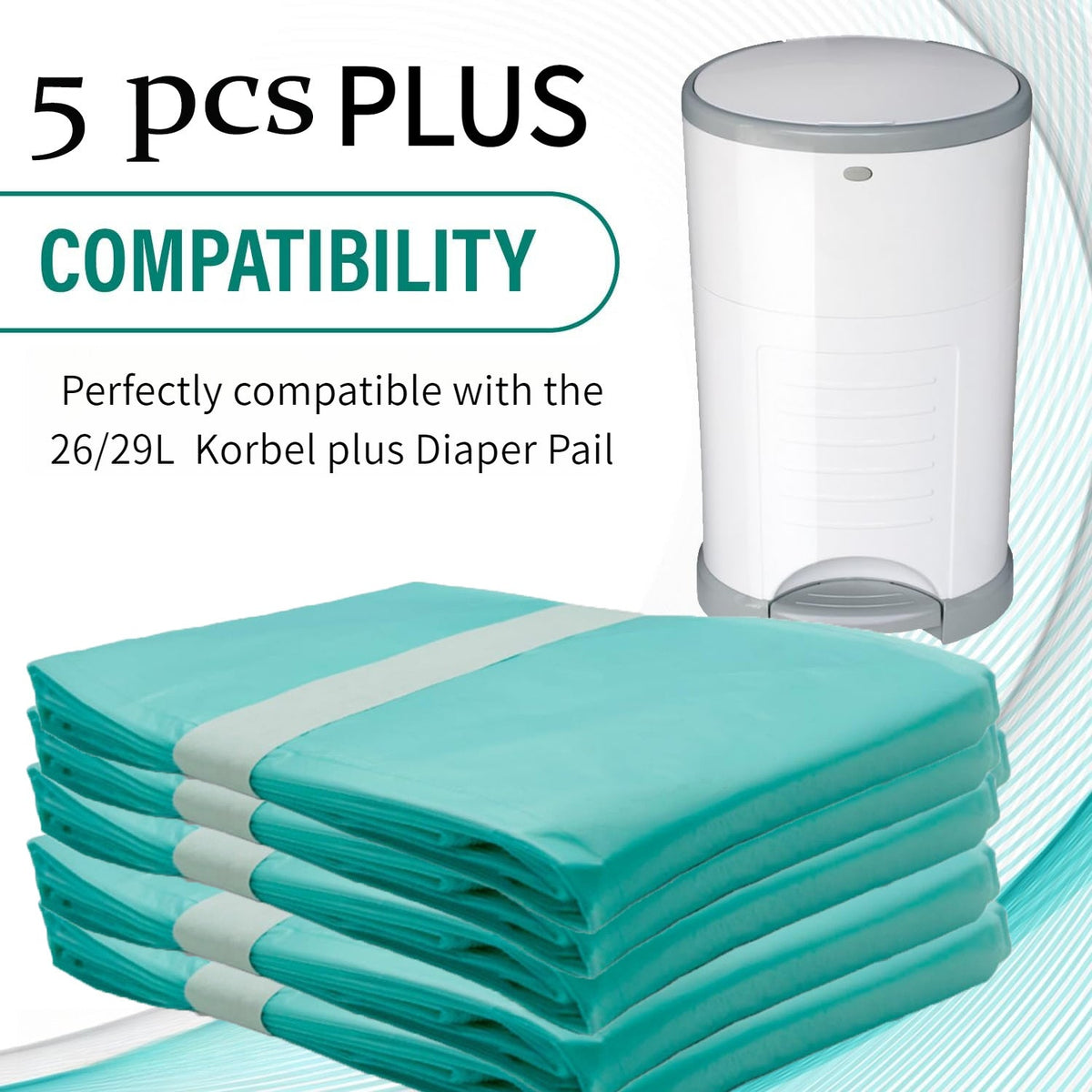 5-Pack Extra Thick Diaper Pail Refill Bags, Fully Compatible with Korbell 26L & 29L Plus Diaper Pail, 10 Meters Long x 42cm Wide, Turquoise 420