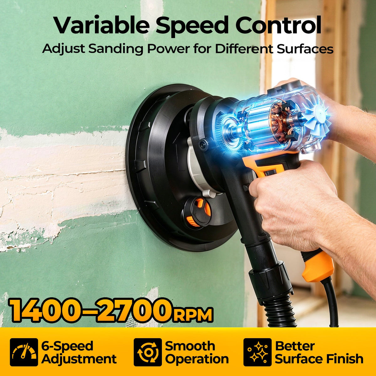 7.5Amp Drywall Sander 900W, Variable Speed 1400-2700RPM, 175mm Sanding Pad, Dust Collection Bag & Hose, 12 Sanding Discs Included, for Wall Ceiling Paint Removal & Finishing