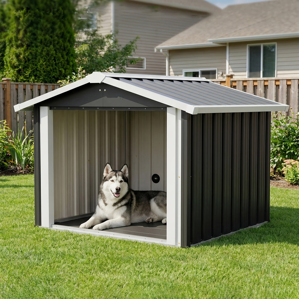 2-in-1 Metal Dog House & Storage Shed 39.7" x 35.8" x 33.3" Weather-Resistant Sloped Roof Elevated Floor Ventilation & PVC Door for Medium to Large Dogs – 30-Min Assembly
