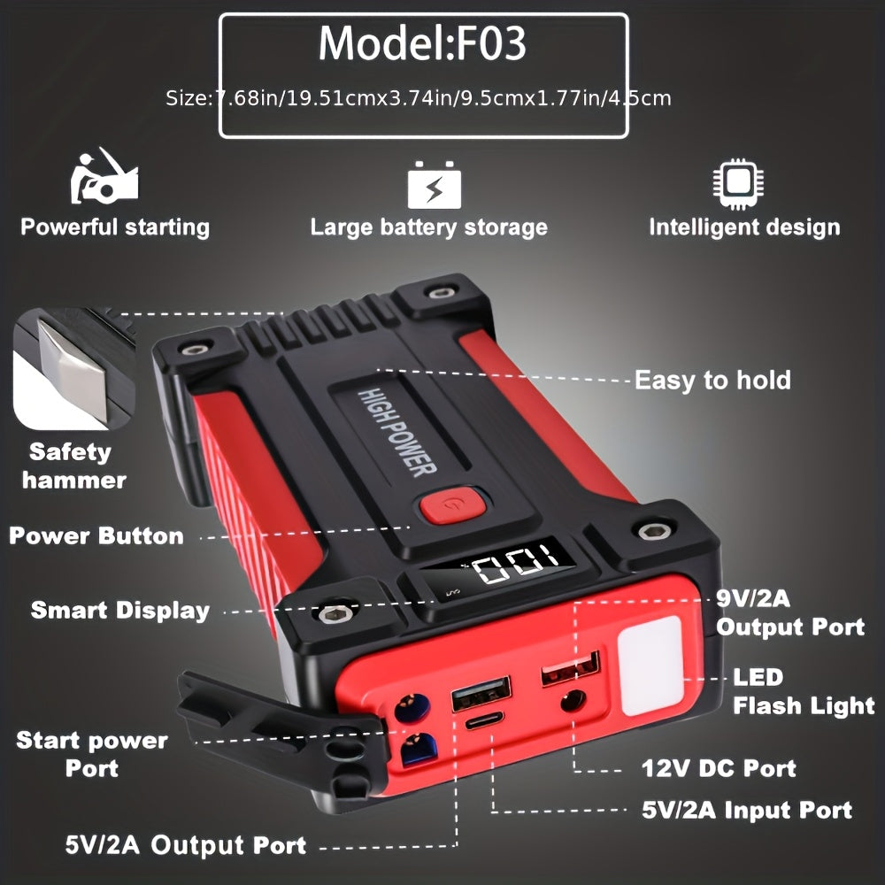 便携式汽车应急启动电源 1600A–3000A 12V 电池启动器 – 适用于汽油和柴油发动机的紧凑型应急启动电源，配备 USB 充电端口及 LED 手电筒