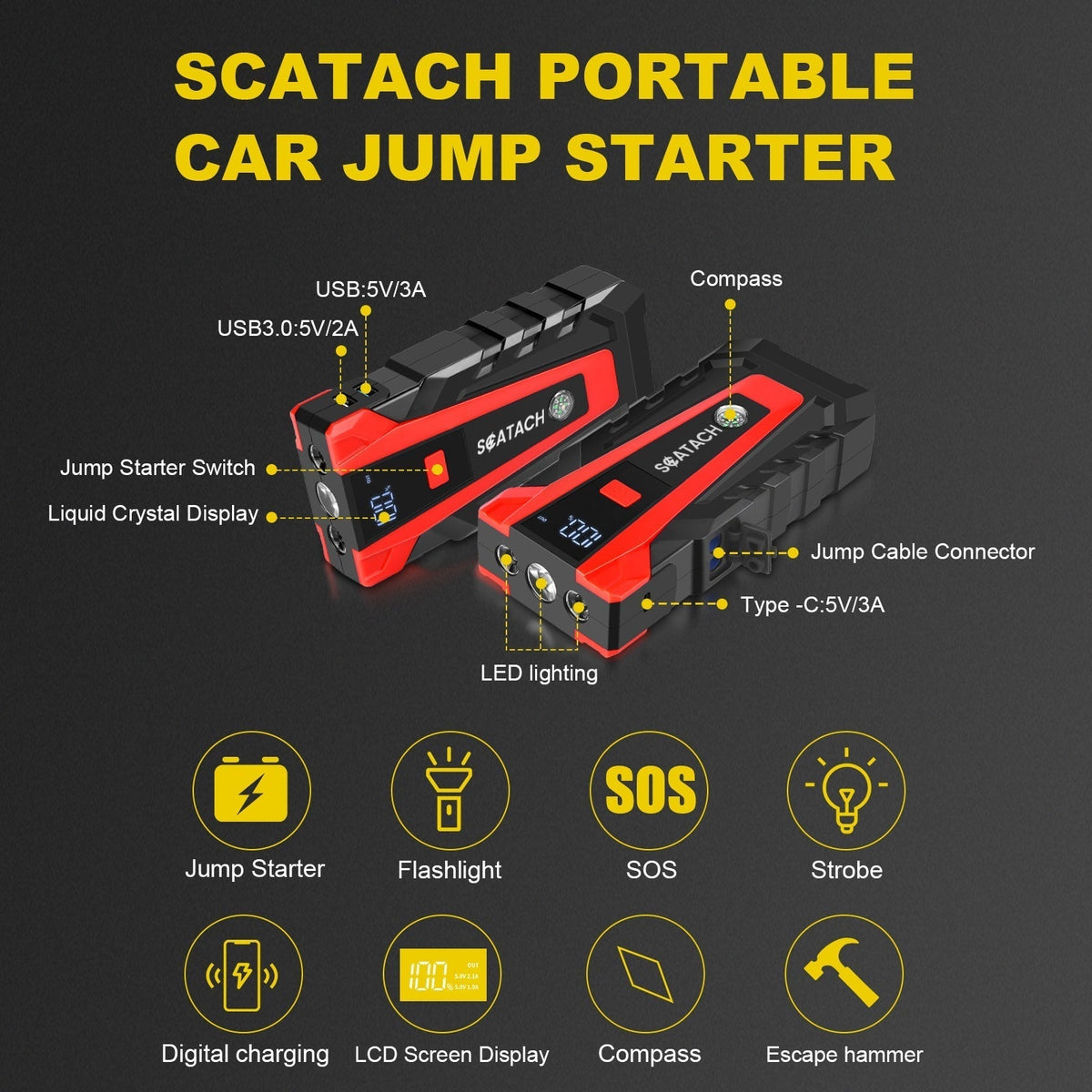 Car Jump Starter with Air Pump & Digital Tire Pressure Gauge – 12V Portable Emergency Starter for Cars, Trucks, SUVs, RVs & Motorcycles, LED Display, SOS Light & Window Breaker