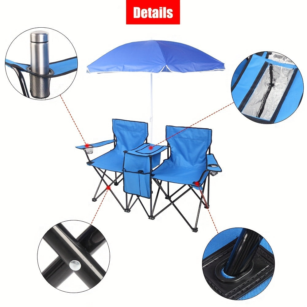 2-Person Outdoor Folding Chair with Removable Sun Umbrella – Portable Loveseat Camping Chair with Armrests for Fishing, Beach, Sunbathing, and Picnics