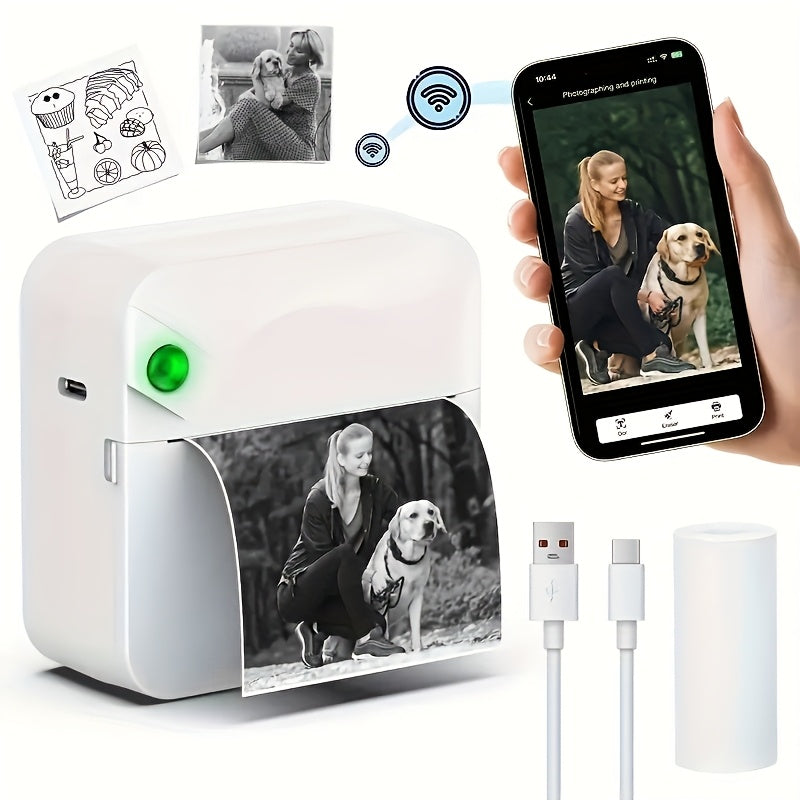 Portable Wireless Bluetooth Thermal Printer, Mini Pocket Printer, Ink-Free for Smartphones, Photos, Notes, Stickers, Diaries, Memos, Includes Thermal Paper Roll