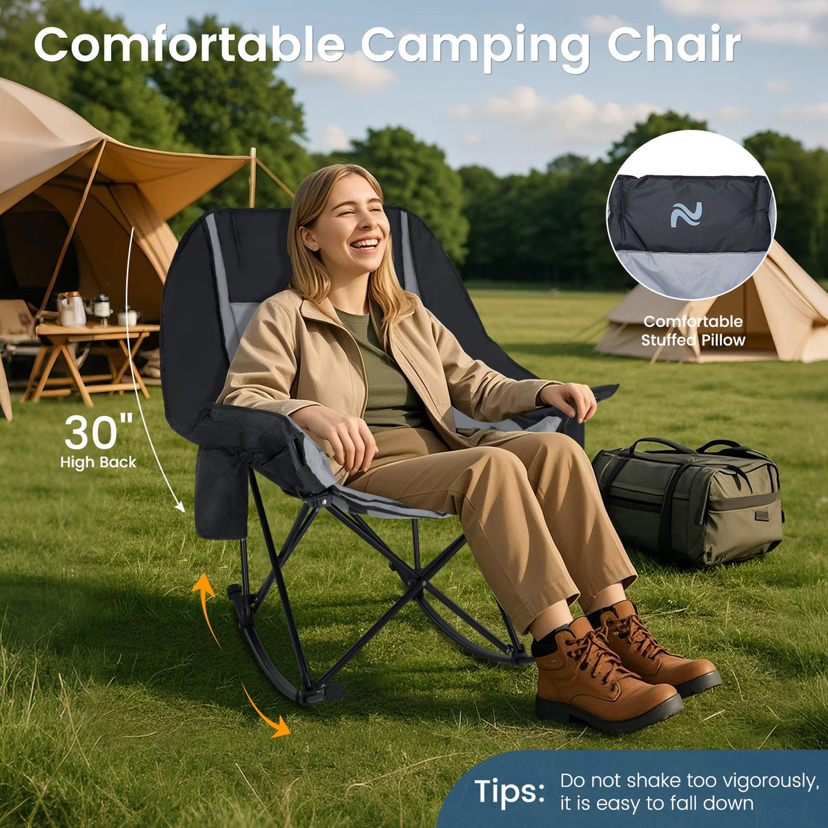 Oversized Rocking Camping Chair – 400 LB Capacity Fully Padded High Back Portable Lawn Recliner with Cooler Bag & Side Pocket for Camp Patio & Outdoor in Black Gray & Blue