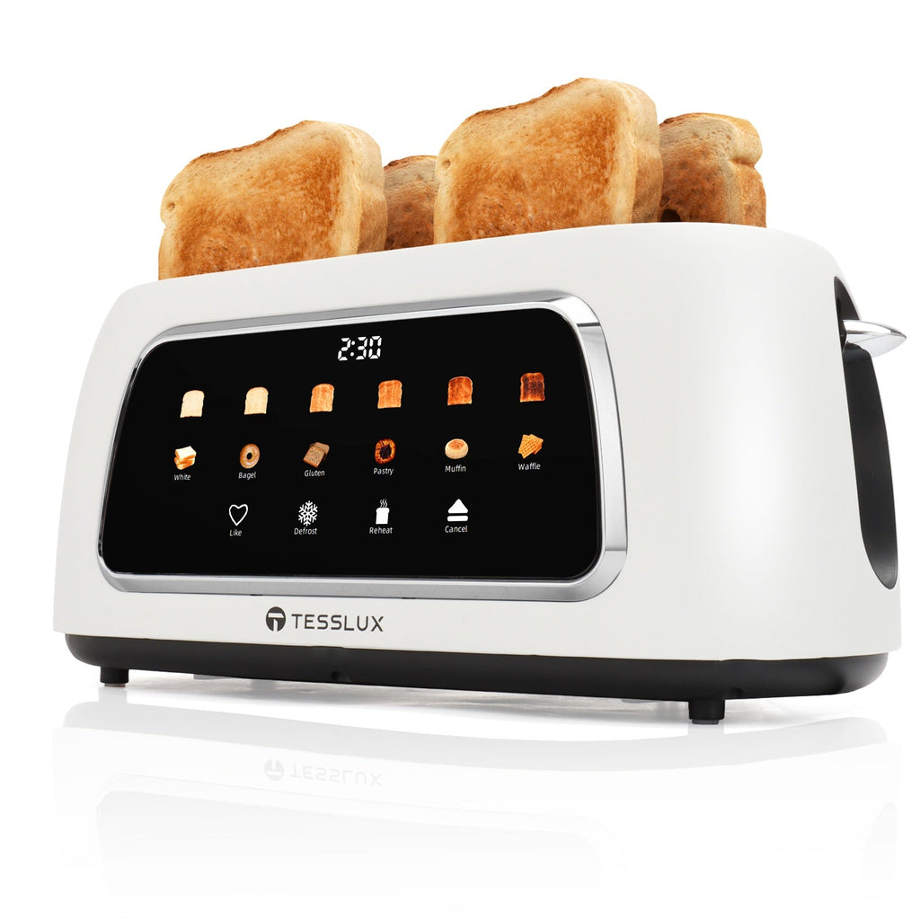 TESSLUX 4-Slice Toaster - Touchscreen Control, 1.5" Wide Long Slots, 6 Browning Levels, 6 Bread Types, Digital Timer, Memory, Defrost & Reheat - White, Black & Silver
