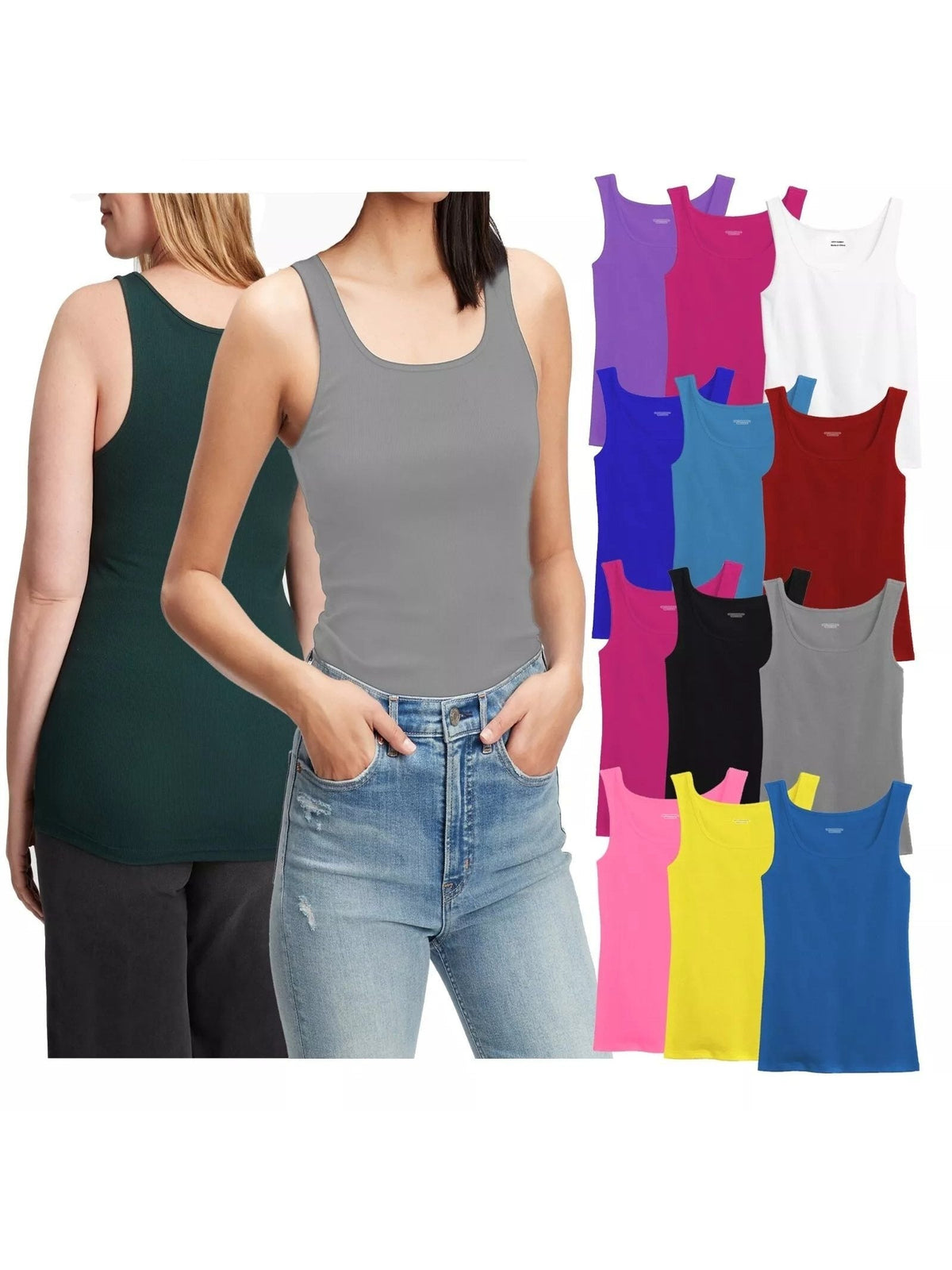Women's 100% Cotton Ribbed Tank Top Tagless Sleeveless Undershirt Round Neck Multipack 3, 6, 9, 12 Pcs Random Colors S-XXL